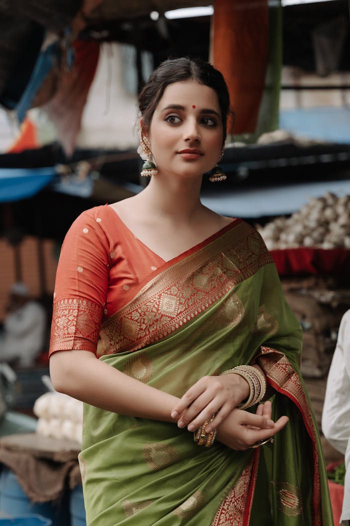 A woman in traditional Indian attire, showcasing cultural elegance and style.
