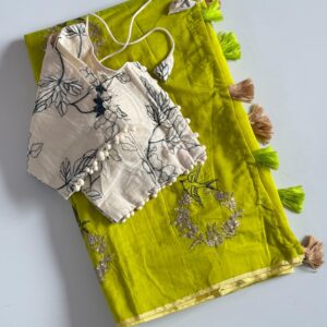 premium chanderi silk saree with pure khadi embroidered stitched blouse piece