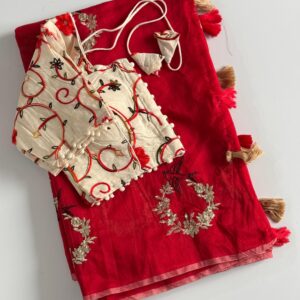 premium chanderi silk saree with pure khadi embroidered stitched blouse piece