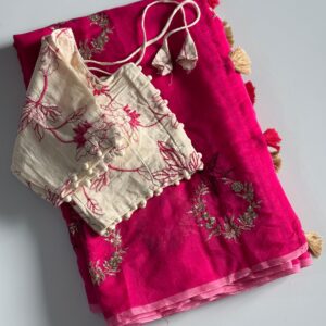 premium chanderi silk saree with pure khadi embroidered stitched blouse piece copy