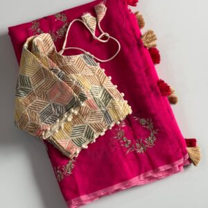 premium chanderi silk saree with pure khadi embroidered stitched blouse piece copy